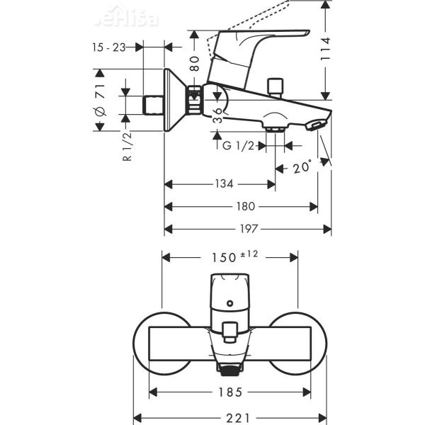 Enoročna stenska armatura za kopalno kad Focus krom HANSGROHE 31940000
