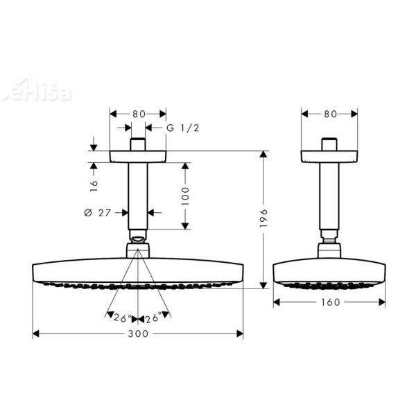 Stropna nadglavna prha Raindance S 300 z nosilcem krom HANSGROHE 26608000
