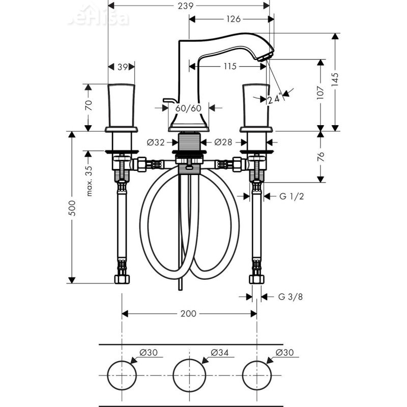 Dvoročna umivalniška armatura Metropol Classic 110 krom 3 luknje HANSGROHE 31304000
